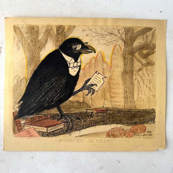 Claes Huisman - Vintage 1960’s tekening lezende kraai., Antiek en Kunst, Kunst | Tekeningen en Foto's, Ophalen of Verzenden