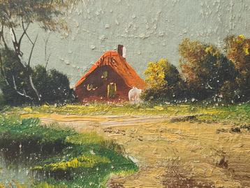 Huisje aan water. Olieverf gesigneerd schilderij  beschikbaar voor biedingen