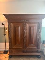 Antieke kast met houtsnijwerk, Ophalen, Gebruikt, 100 tot 150 cm, 150 tot 200 cm