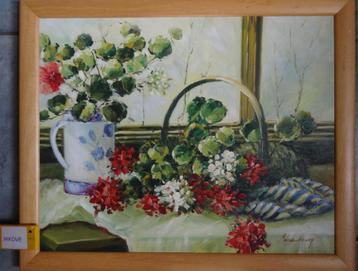 OLIEVERF OP LINNEN * MAND GERANIUMS * In Lijst * beschikbaar voor biedingen