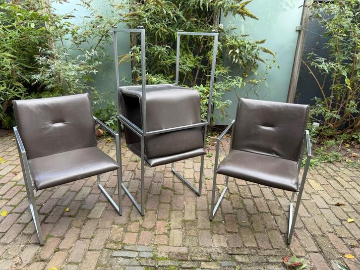 4x Arco Frame XL eetkamerstoelen donkerbruin leer, Huis en Inrichting, Stoelen, Gebruikt, Vier, Hout, Leer, Metaal, Overige materialen