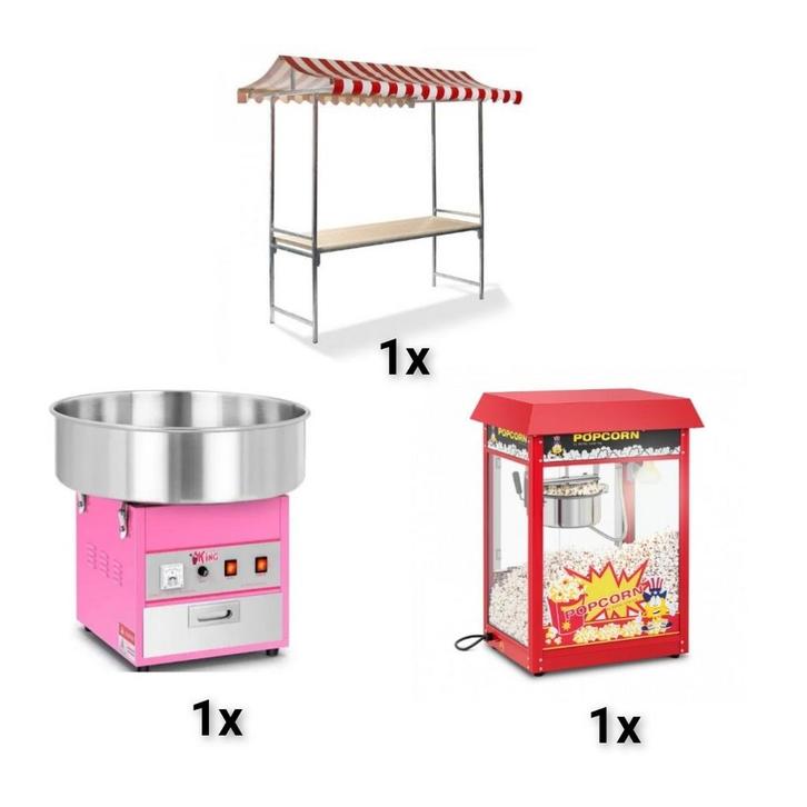 Marktkraam te huur met  popcornmachine en suikerspinmachine, Hobby en Vrije tijd, Feestartikelen | Verhuur, Verjaardag, Ophalen of Verzenden
