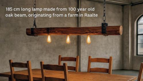 185 cm robuuste landelijke sobere oud eiken hanglamp, Huis en Inrichting, Lampen | Hanglampen, Zo goed als nieuw, 75 cm of meer