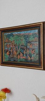 Ingelijst schilderij op zijde Balinees tafereel doek 50/37cm, Antiek en Kunst, Kunst | Niet-Westerse kunst, Ophalen of Verzenden