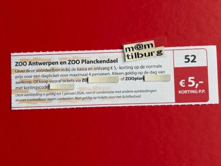 Bon 52 ZOO Antwerpen en ZOO Planckendael €5,- korting p.p., Tickets en Kaartjes, Recreatie | Dierentuinen, Drie personen of meer