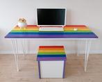 Massief houten bureau in regenboogkleuren 60*142, 100 tot 150 cm, Nieuw, Rechthoekig, 50 tot 100 cm