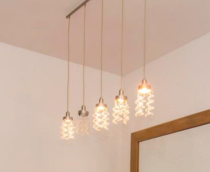 Moderne hanglamp met 5 lichtpunten, Huis en Inrichting, Lampen | Hanglampen, Gebruikt, Glas, Metaal, Ophalen