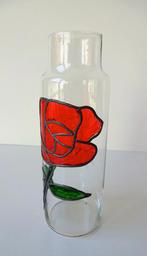 Glazen vaas helder met rode roos en groen blad 3013-g, Ophalen of Verzenden