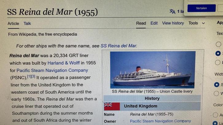 Reina del Mar (1955)  cabinplan Tourist Class  '57, Verzamelen, Scheepvaart, Zo goed als nieuw, Kaart, Foto of Prent, Ophalen of Verzenden