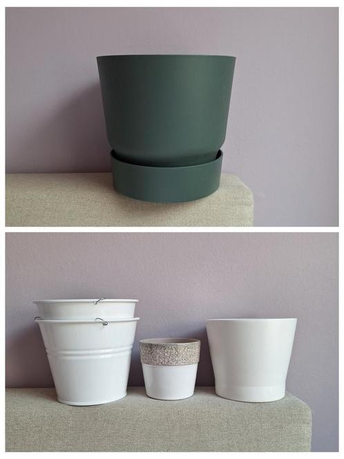 Meerdere bloempotten, groen en wit, Tuin en Terras, Bloempotten, Zo goed als nieuw, Binnen, Balkon, Tuin, Minder dan 40 cm, Minder dan 25 cm