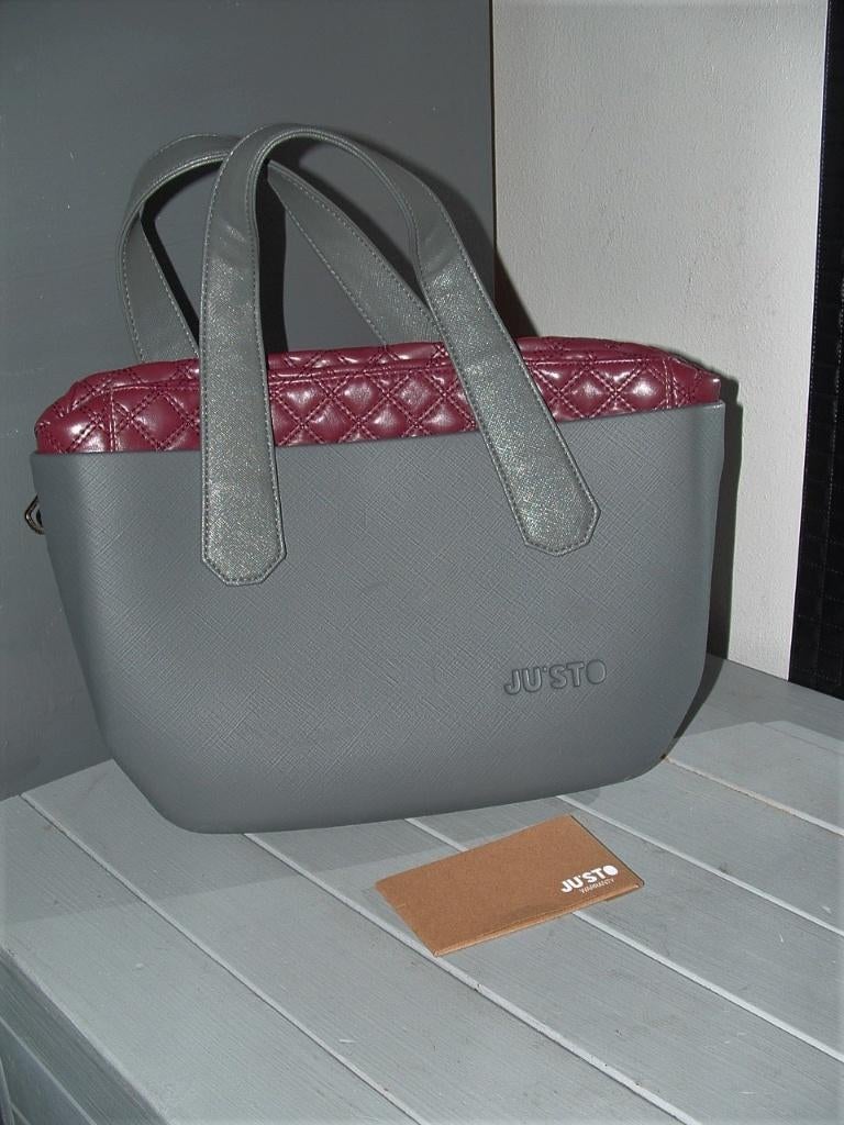 Justo Ju'sto tas damestas grijs met bordeaux rode voering, Ophalen of Verzenden, Zo goed als nieuw, Grijs, Handtas