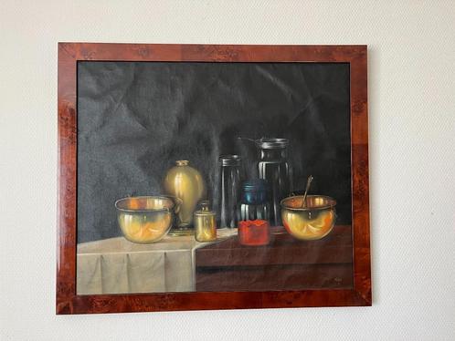 Klassiek schilderij: stilleven met glas en koperwerk, Antiek en Kunst, Kunst | Schilderijen | Klassiek, Ophalen