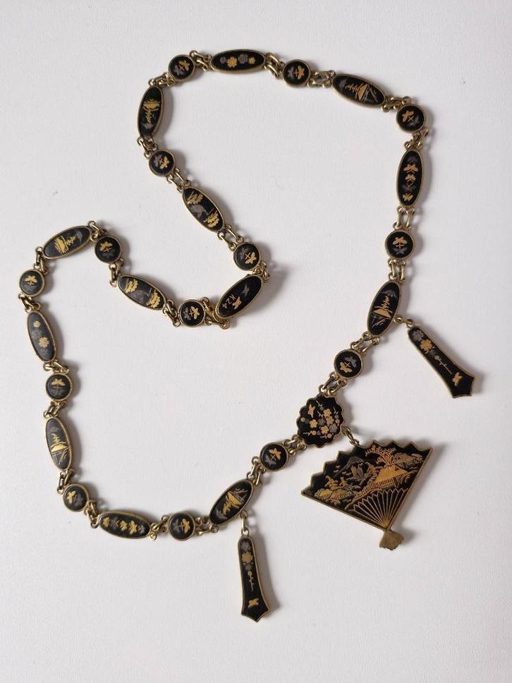 Amita Japanse Damascene Shakudo jaren 50 ketting Vintage, Sieraden, Tassen en Uiterlijk, Antieke sieraden, Ketting, Goud, Ophalen of Verzenden