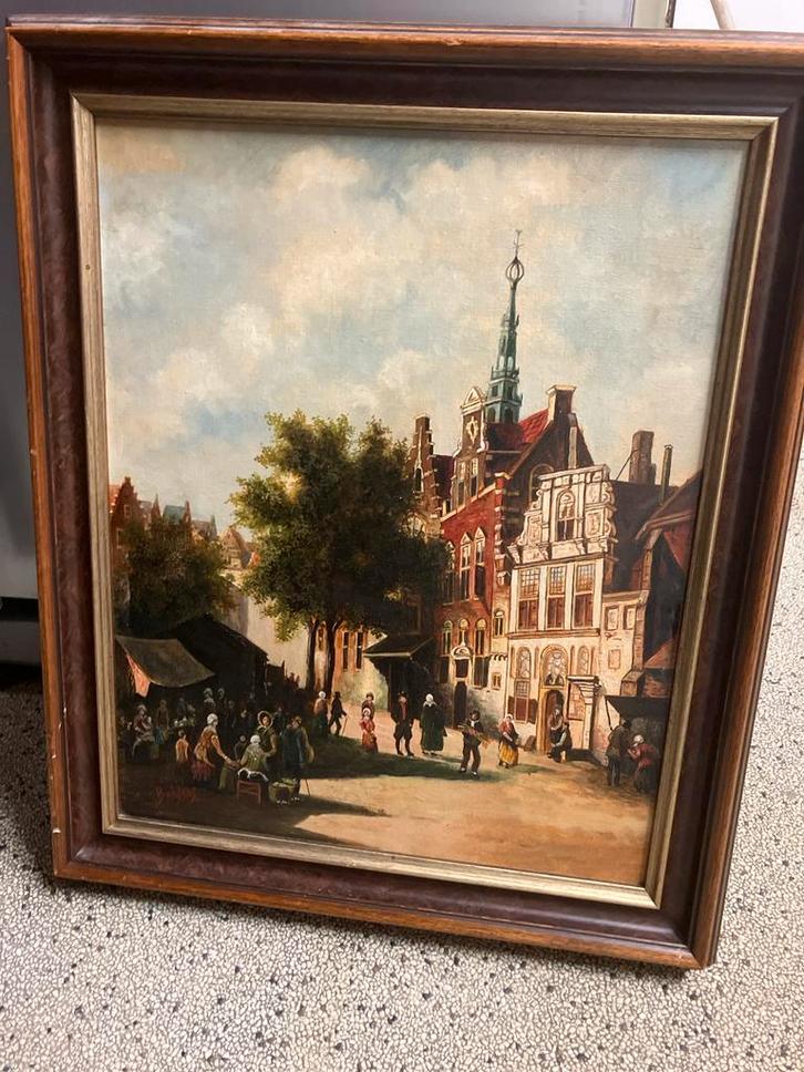 Olieverfschilderij: Levendig Stadsgezicht, Antiek en Kunst, Kunst | Schilderijen | Klassiek, Ophalen of Verzenden
