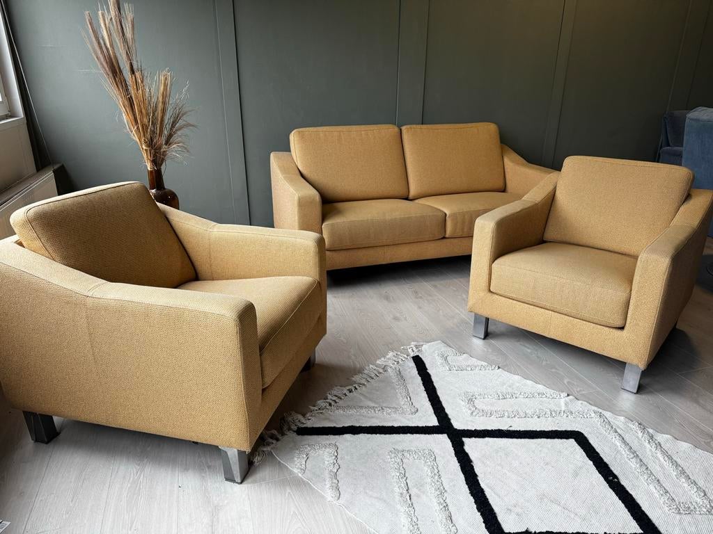 Leolux Vintage Set: Bank en Fauteuils. Originele stof, Huis en Inrichting, Banken | Bankstellen, Gebruikt, Rechte bank, Tweepersoons