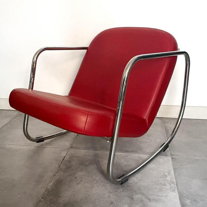 Vintage, retro schommelstoel, fauteuil buizenframe rood, Huis en Inrichting, Fauteuils, Gebruikt, Metaal, Stof, 50 tot 75 cm, 75 tot 100 cm