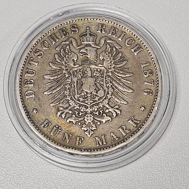 Zilvern 5 mark 1876 wuerttemberg, Postzegels en Munten, Munten | Europa | Niet-Euromunten, Duitsland, Zilver, Ophalen of Verzenden