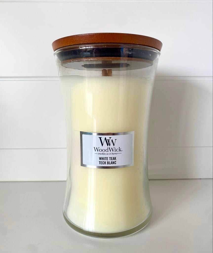 WoodWick White Teak Kaars - Groot Formaat, Overige materialen, 25 tot 50 cm, Wit, Ophalen of Verzenden