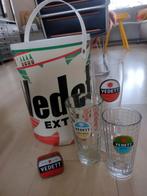 Vedett bierglazen, ronde opberg trommel en klein blikje, Ophalen of Verzenden, Gebruikt, Glas of Glazen, Overige merken