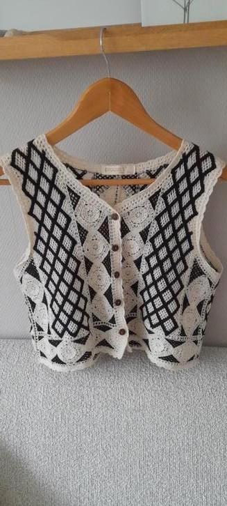 Gilet, Boho # Ibiza look,  ecru/zwart, maat M, ZGAN!, Kleding | Dames, Bodywarmers, Zo goed als nieuw, Maat 38/40 (M), Zwart, Ophalen of Verzenden