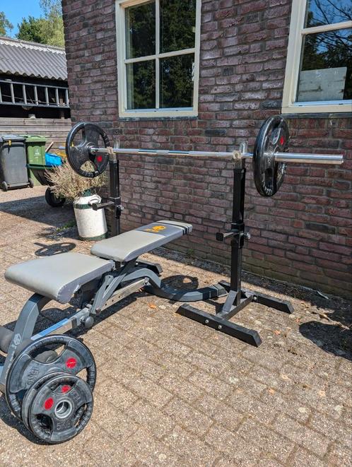 Apex Halterbank + Verstelbare Steunen + 220cm Barbell, Sport en Fitness, Fitnessmaterialen, Zo goed als nieuw, Ophalen
