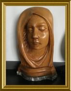 Oude houten buste op marmer, houtsnijwerk hoofd, Antiek en Kunst, Ophalen of Verzenden