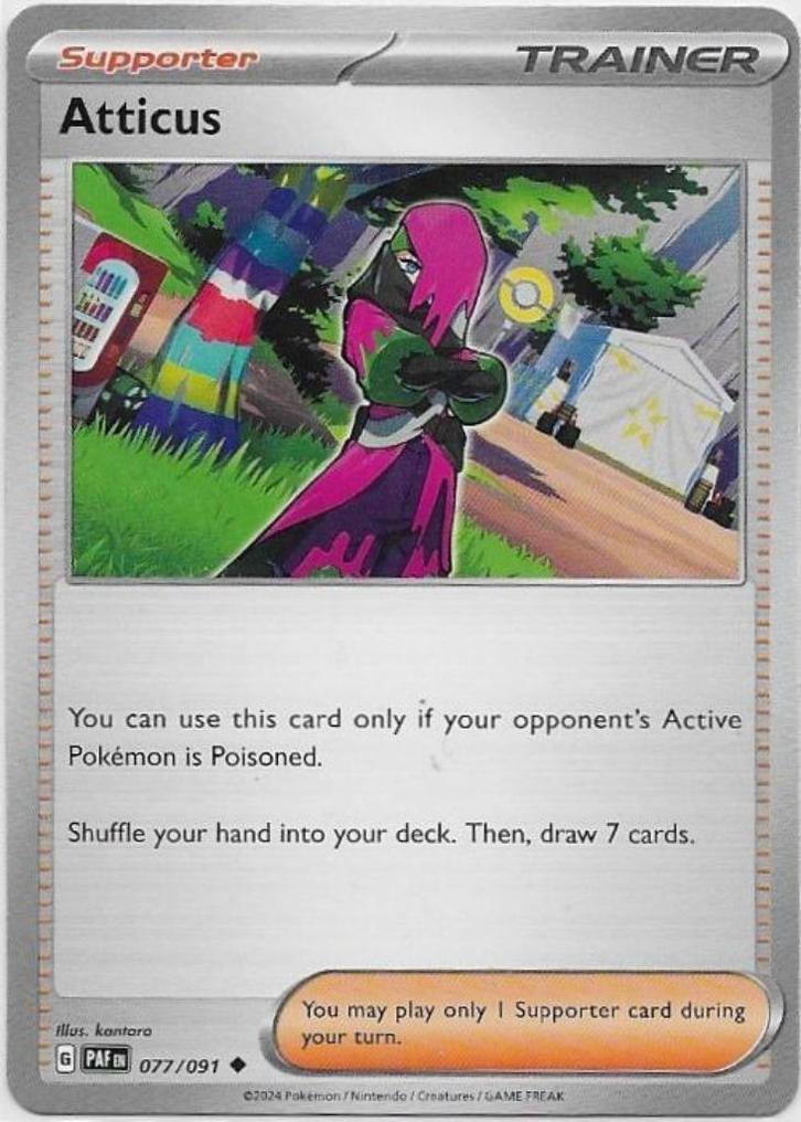 Paldean Fates,  Atticus [uncommon] 77/91, Hobby en Vrije tijd, Verzamelkaartspellen | Pokémon, Nieuw, Losse kaart, Ophalen of Verzenden