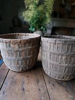 Stoere vergrijsde sobere leemmanden plantenbak mand stoer, Ophalen, Zo goed als nieuw, Rond, Riet