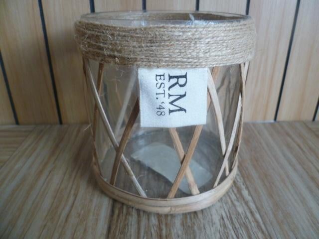 Riviera Maison glazen waxinelicht houder met rattan 11 cm, Ophalen of Verzenden, Zo goed als nieuw, Overige materialen, Minder dan 25 cm