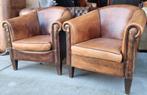 Set van 2 schapenleren Chesterfield fauteuils + BEZORGING, Chesterfield, 75 tot 100 cm, Gebruikt, Leer