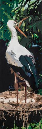 Ooievaar op nest. Acrylschilderij. 90 x 30 cm, Ophalen, Minder dan 50 cm, Oorspronkelijke maker, Zo goed als nieuw