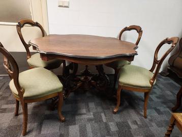 Willem III mahonie eethoek, spinnekoptafel + 4 oorstoelen. beschikbaar voor biedingen