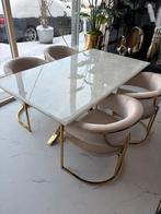 Luxe Marmer Eettafel met Gouden Onderstel, 100 tot 150 cm, Nieuw, Ophalen of Verzenden, Rechthoekig