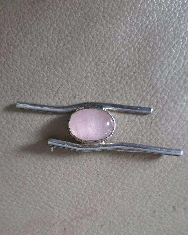 Prachtige zilveren (835) broche met Rozenkwarts, Sieraden, Tassen en Uiterlijk, Broches, Zo goed als nieuw, Zilver, Zilver, 7 tot 10 cm