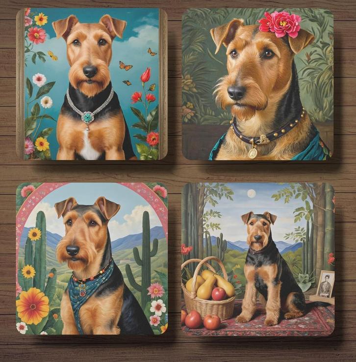 Airedale Terriër Frida Kahlo onderzetters met houder, Huis en Inrichting, Woonaccessoires | Onderzetters, Nieuw, Glas of Kopje