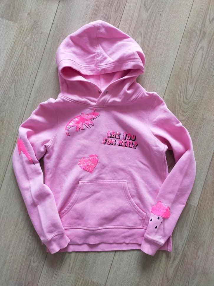 Zgan! mooi stoer roze hoodie van H&M. Mt 134/140, Kinderen en Baby's, Kinderkleding | Maat 134, Zo goed als nieuw, Meisje, Trui of Vest