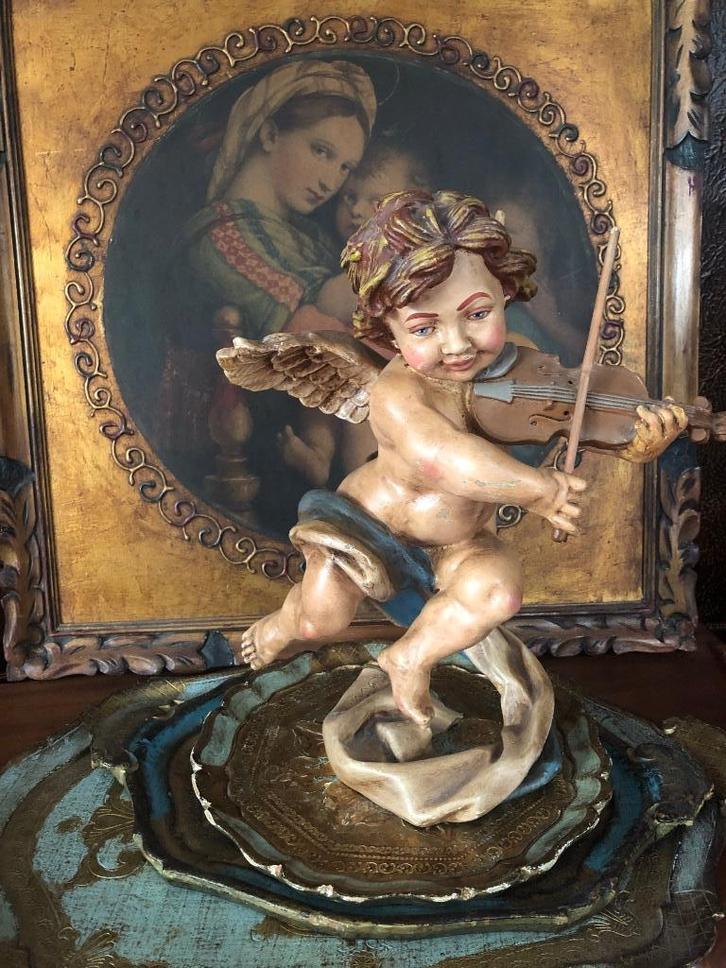 Cherub / Engel beeld met viool – klassiek beeld barok, Antiek en Kunst, Curiosa en Brocante, Ophalen of Verzenden