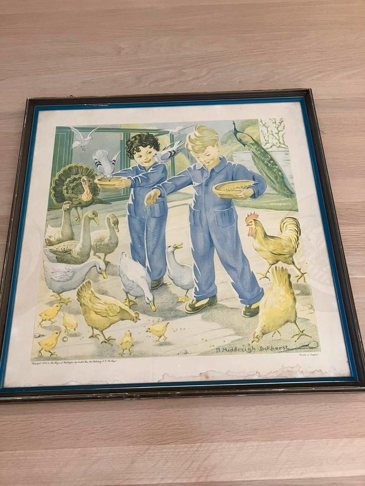 Lithografie B. Midderigh-Bokhorst kinderen voeren vogels, Antiek en Kunst, Kunst | Litho's en Zeefdrukken, Ophalen of Verzenden