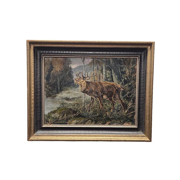 Oud schilderij met Edelhert in het bos, 1e helft 20e eeuw, Antiek en Kunst, Kunst | Schilderijen | Klassiek, Ophalen of Verzenden