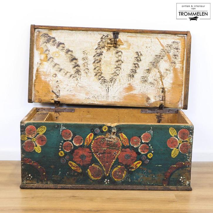 Antieke Beschilderde Volkskunst Bruidskasten Kisten Meubels, Huis en Inrichting, Kasten | Dressoirs, Gebruikt, 50 tot 100 cm, 25 tot 50 cm