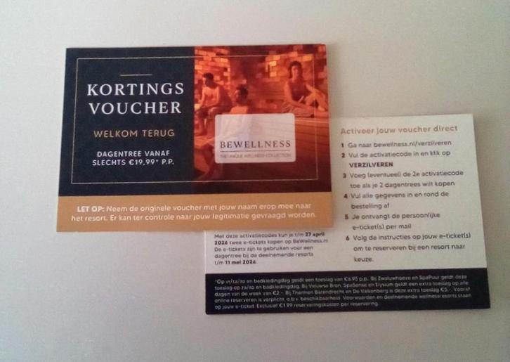 Kortingsvoucher Bewellness, Tickets en Kaartjes, Kortingen en Cadeaubonnen, Twee personen, Spa of Sauna, Kortingsbon