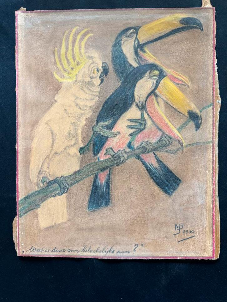 Vogels op tak, tekening uit 1930, Antiek en Kunst, Kunst | Tekeningen en Foto's, Ophalen of Verzenden