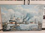 Olieverf schilderij gesigneerd F Burg haven rotterdam, Ophalen of Verzenden