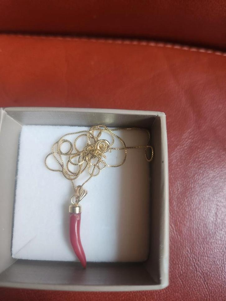 Gouden ketting met koraal hanger - APA 1848 Cornicello, Sieraden, Tassen en Uiterlijk, Kettingen, Zo goed als nieuw, Goud, Goud