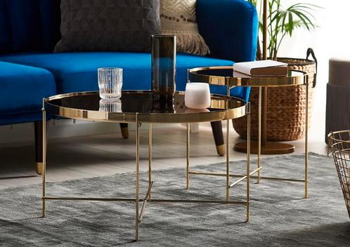 Glazen salontafel Ø63 + bijzettafel Ø40 set in goud(bruin), Huis en Inrichting, Tafels | Salontafels, Zo goed als nieuw, Minder dan 50 cm