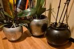 Mooie ronde bloempot - zilverkleurig en zwart  + orchideeën, Ophalen, Overige materialen, Gebruikt, Rond