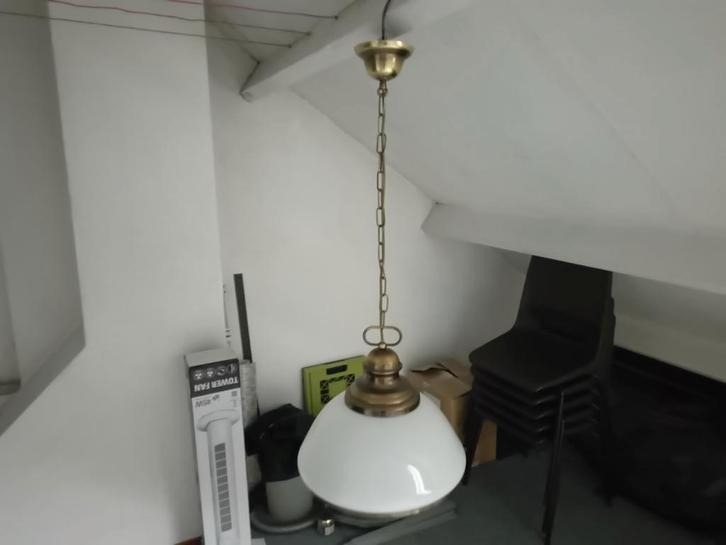 Hanglamp messing met glazen kap grote fitting, Huis en Inrichting, Lampen | Hanglampen, 75 cm of meer, Ophalen of Verzenden