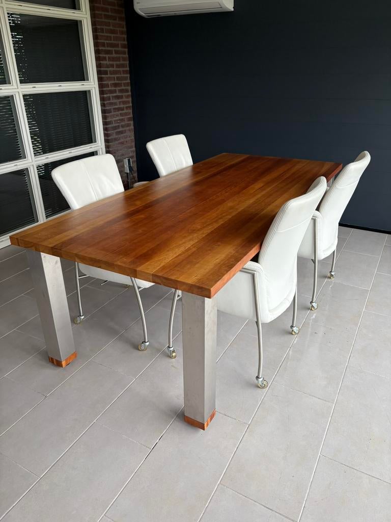 Eettafel kersenhout inclusief 4 verstelbare stoelen, Huis en Inrichting, Tafels | Eettafels, Ophalen, 200 cm of meer, 50 tot 100 cm