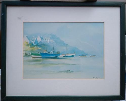 Originele Aquarel vissershaven Bretagne EA Kerbiriou 2, Antiek en Kunst, Kunst | Schilderijen | Klassiek, Ophalen of Verzenden