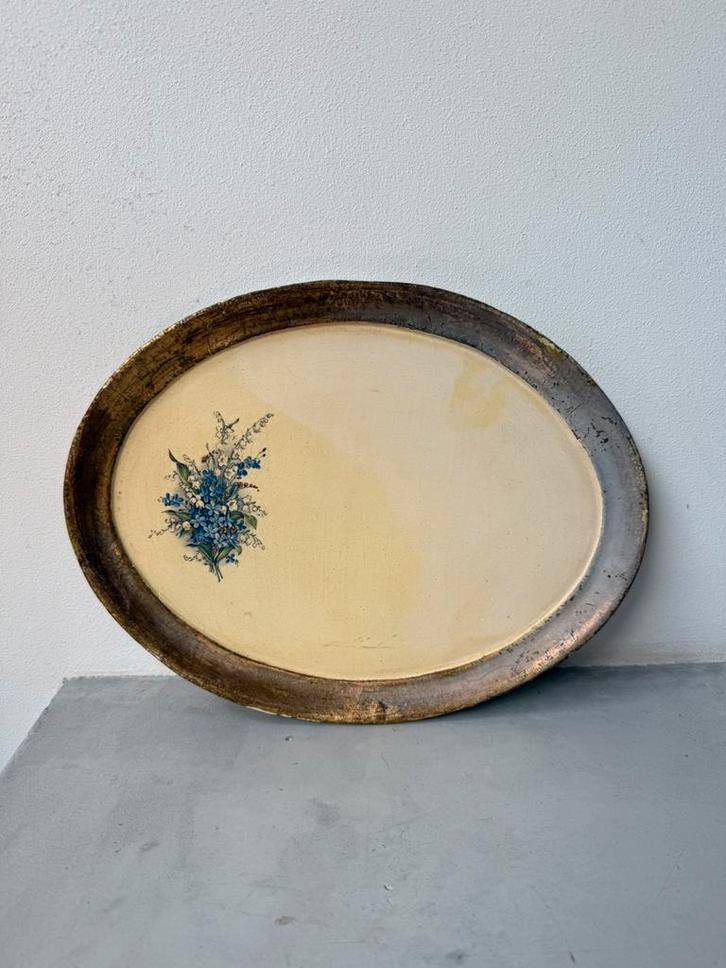 Vintage houten dienblad met bloemen – goudkleurige rand, Huis en Inrichting, Woonaccessoires | Dienbladen, Gebruikt, Hout, Rond